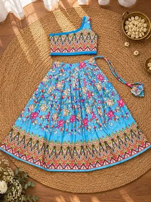 Girls Blue Floral Print Lehenga Choli Set