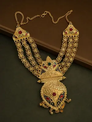 Gold Multi-Strand Floral Necklace with Meenakari & Tassel Pendant