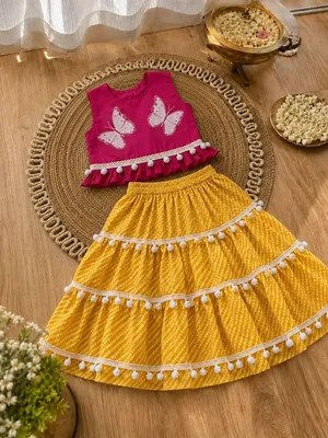 Girls Butterfly Print Pink Top & Yellow Tiered Skirt Co-Ord Set