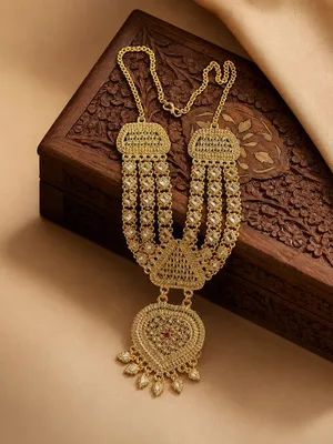 Gold Multi-Strand Filigree Necklace with Floral Meenakari & Tassel