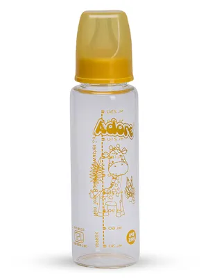 Adore Glaze Senior 2 Stage Glass Feeding Bottle with Anti- Colic Teat -250ml- Yellow
