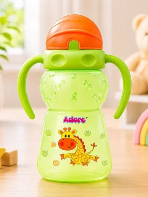 Adore Zing! The Amazing Straw Sipper with Twin Handle- Flip N Sip- 300ml Green