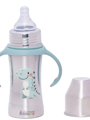 Adore Magnus! Premium Wideneck Stainless Steel Feeding Bottle with anti-colic teat and Handle 250ml - Green Dino