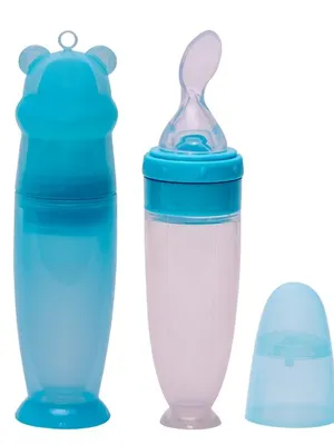 Adore Mr.Bear Baby Premium Silicon Squeeze Feeder with Cap & Storage Case- 100ml- Blue