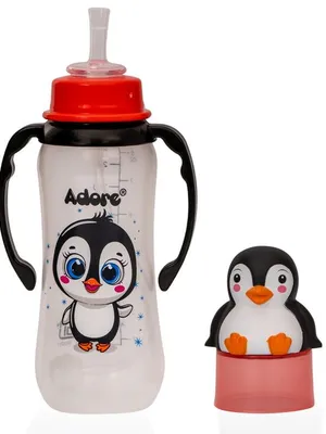 Adore AYE! The Character Hood Straw Sipper with Gravity Ball and Twin Handle 250ml- Black Penguin