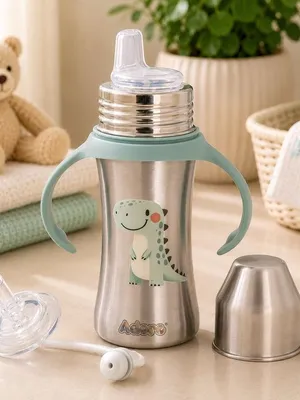Adore Twilight 2in 1 Stainless Steel Sipper with Twin Handle 250ml - Green Dino
