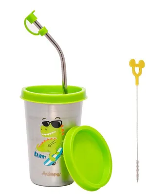 Adore Bliss Printed Stainless Steel Tumbler with Straw, Closed Lid, Straw Lid, Straw Brush- 300ml - Green