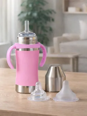 Adore Yolo! The 3 in 1 Wideneck Stainless Steel Feeding Bottle with Silicon Sleeve- 250ml - Pink