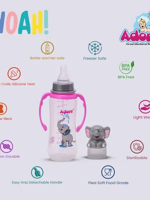 Adore Woah! The Character Hood Feeding Bottle- BIS Approved- Baby Safe- Anti-colic Teat -250ml - Elephant