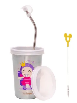 Adore Bliss Printed Stainless Steel Tumbler with Straw, Closed Lid, Straw Lid, Straw Brush- 300ml - White and Purple