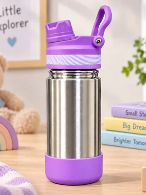 Adore HydroFlip 2-in-1 Insulated Stainless Steel Kids Water Bottle with Silicone Base, 2 Spare Pipes & Straw Brush 450ml-Purple
