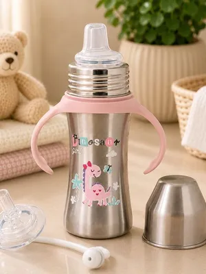 Adore Twilight 2in 1 Stainless Steel Sipper with Twin Handle 250ml - Pink Dino