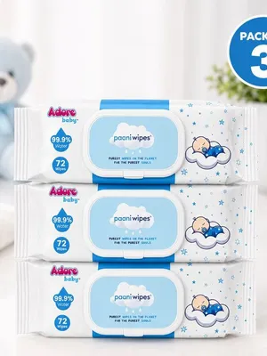 Adore Baby Paani Wipes - 99.9% Pure Water Wipes - FDA Approved- Dermatologically Tested - Goodness of Aloevera- Unscented- Pack of 72n Wipes* 3 Wipes