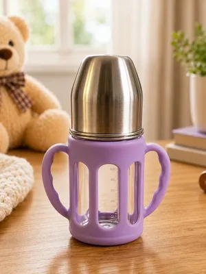 Adore PureSip 2 Stage Wideneck Glass Feeding Bottle with Silicon sleeve & Handle- 150ml (Thick Lavender)