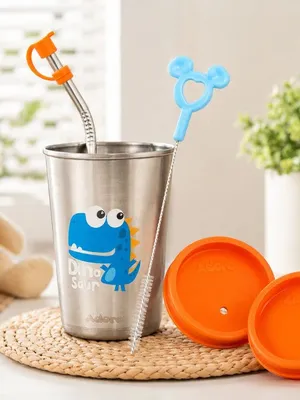 Adore Bliss Printed Stainless Steel Tumbler with Straw, Closed Lid, Straw Lid, Straw Brush- 300ml - Orange