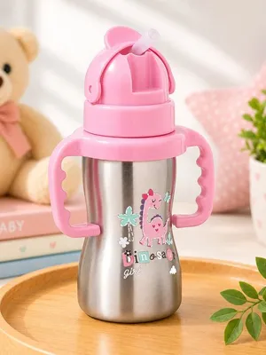 Adore Gracious! Stainless Steel Straw Sipper with Twin Handle 290ml- Pink Dino