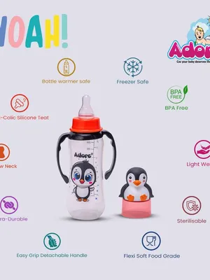 Adore Woah! The Character Hood Feeding Bottle- BIS Approved- Baby Safe- Anti-colic Teat -250ml - Penguin
