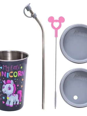 Adore Blissful! The Character Printed Steel Tumbler with Straw Lid Cap, Straw, Straw Brush set- 350ml - Unicorn