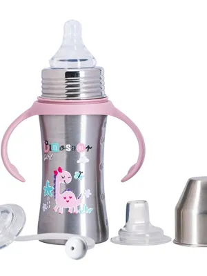 Adore Trion 3 in 1 Stainless Steel Sipper with Twin Handle 250ml- Pink Dino