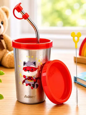 Adore Bliss Printed Stainless Steel Tumbler with Straw, Closed Lid, Straw Lid, Straw Brush- 300ml - Red