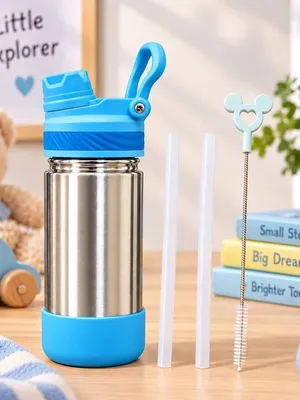 Adore HydroFlip 2-in-1 Insulated Stainless Steel Kids Water Bottle with Silicone Base, 2 Spare Pipes & Straw Brush 450ml-Blue