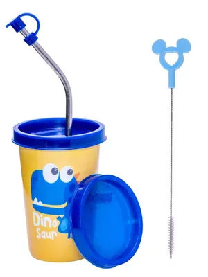 Adore Blissful! The Character Printed Steel Tumbler with Straw Lid Cap, Straw, Straw Brush set- 350ml - Dino