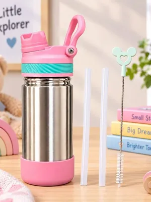 Adore HydroFlip 2-in-1 Insulated Stainless Steel Kids Water Bottle with Silicone Base, 2 Spare Pipes & Straw Brush 450ml-Pink