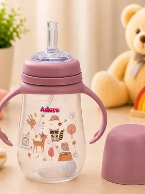 Adore Scotland Wide neck Soft Straw Sipper with Twin Handle-250ml- Pink