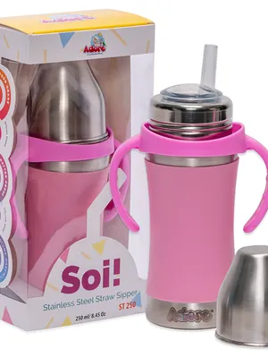Adore Soi! The Wideneck Silicon Straw with Gravity Ball stainless steel sipper with Sleeve- 250ml Pink