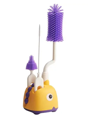 Adore Li'l Dino 3 in 1 Bottle Cleaning Brush kit with Drying Stand - Yellow