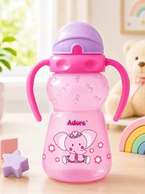 Adore Zing! The Amazing Straw Sipper with Twin Handle- Flip N Sip- 300ml Pink