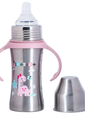 Adore Magnus! Premium Wideneck Stainless Steel Feeding Bottle with anti-colic teat and Handle 250ml - Pink Dino