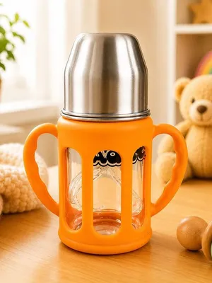 Adore PureSip 2 Stage Wideneck Glass Feeding Bottle with Silicon sleeve & Handle- 150ml (Orange)