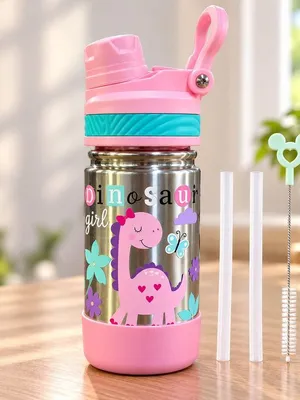 Adore HydroFlip 2-in-1 Insulated Printed Stainless Steel Kids Water Bottle with Silicone Base, 2 Spare Pipes & Straw Brush 450ml-Pink