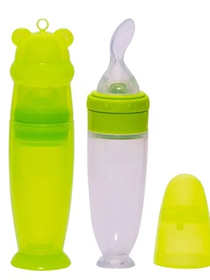 Adore Mr.Bear Baby Premium Silicon Squeeze Feeder with Cap & Storage Case- 100ml- Green