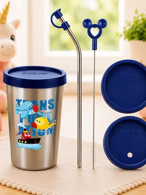 Adore Bliss Printed Stainless Steel Tumbler with Straw, Closed Lid, Straw Lid, Straw Brush- 300ml - Navy Blue