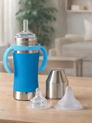 Adore Yolo! The 3 in 1 Wideneck Stainless Steel Feeding Bottle with Silicon Sleeve- 250ml - Blue