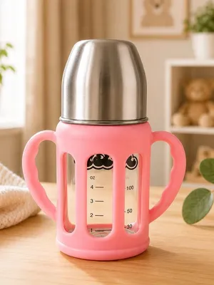 Adore PureSip 2 Stage Wideneck Glass Feeding Bottle with Silicon sleeve & Handle- 150ml (Light Pink)