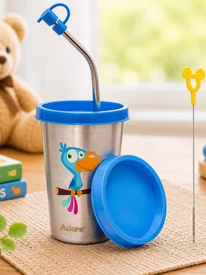 Adore Bliss Printed Stainless Steel Tumbler with Straw, Closed Lid, Straw Lid, Straw Brush- 300ml - Blue