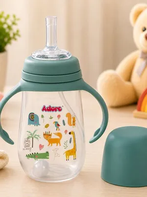 Adore Great Britain Wide Neck Straw Sipper with Gravity Ball and Twin Handle- 250ml Green