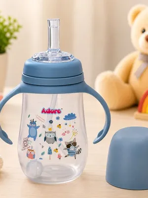 Adore Great Britain Wide Neck Straw Sipper with Gravity Ball and Twin Handle- 250ml Blue