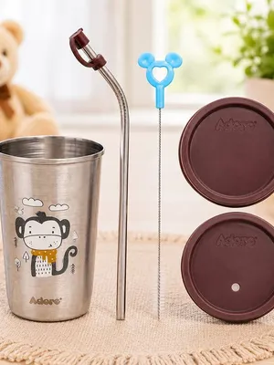 Adore Bliss Printed Stainless Steel Tumbler with Straw, Closed Lid, Straw Lid, Straw Brush- 300ml - Brown
