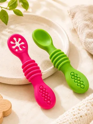 Adore SILICA - The Trainer Silicon Weaning Feeding Spoon Set- Pack of 2 (Pink + Green)