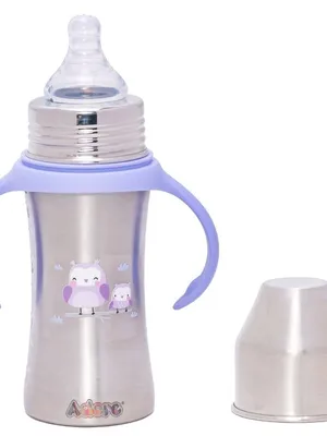 Adore Magnus! Premium Wideneck Stainless Steel Feeding Bottle with anti-colic teat and Handle 250ml - Purple Owl