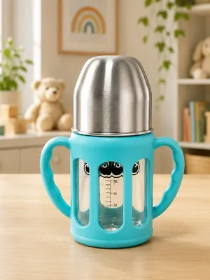 Adore PureSip 2 Stage Wideneck Glass Feeding Bottle with Silicon sleeve & Handle- 150ml (Sky Blue)