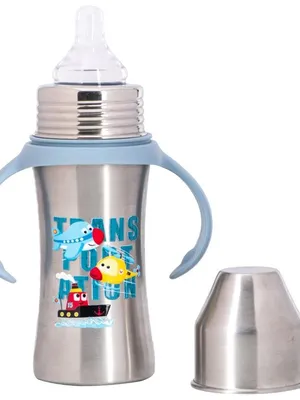 Adore Magnus! Premium Wideneck Stainless Steel Feeding Bottle with anti-colic teat and Handle 250ml - Blue Transport