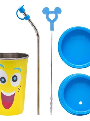 Adore Blissful! The Character Printed Steel Tumbler with Straw Lid Cap, Straw, Straw Brush set- 350ml - Smiley