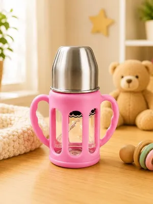 Adore PureSip 2 Stage Wideneck Glass Feeding Bottle with Silicon sleeve & Handle- 150ml (Baby Pink)