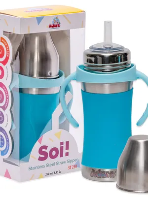 Adore Soi! The Wideneck Silicon Straw with Gravity Ball stainless steel sipper with Sleeve- 250ml Blue