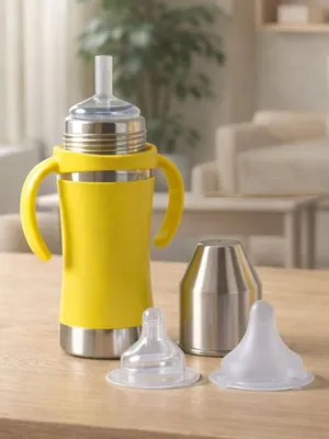 Adore Yolo! The 3 in 1 Wideneck Stainless Steel Feeding Bottle with Silicon Sleeve- 250ml - Yellow